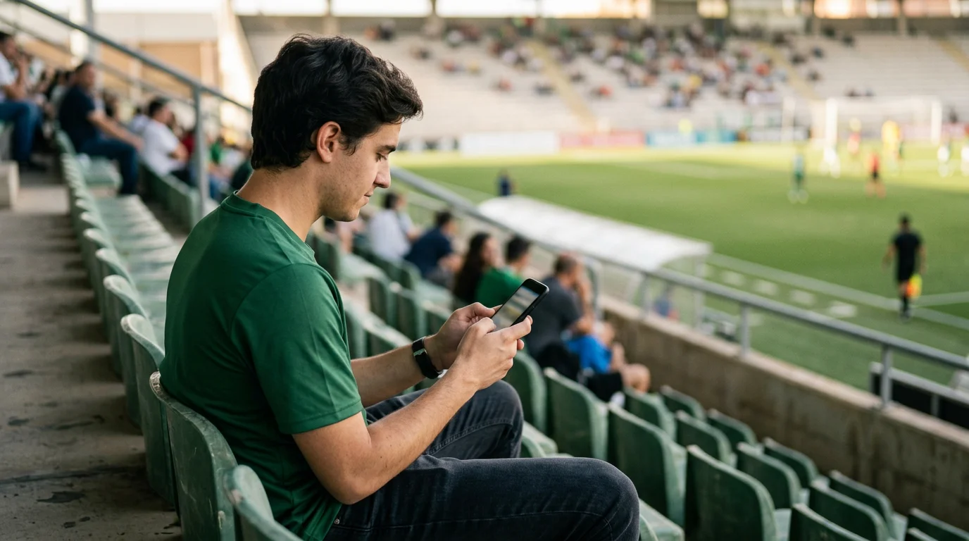 Aficionado con camiseta de fútbol americano consultando su teléfono móvil en las gradas de un estadio