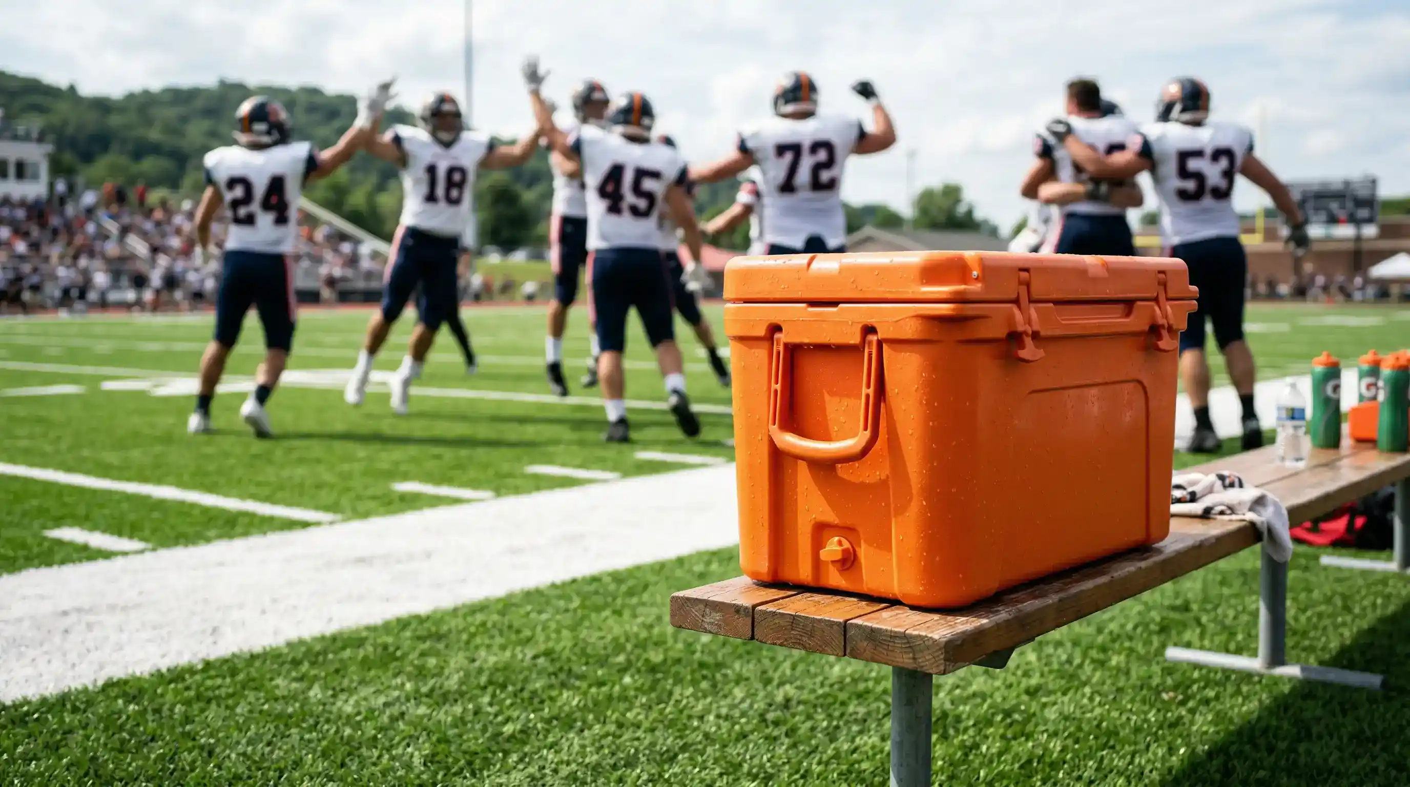 Nevera de bebida deportiva de colores variados en la banda lateral de un campo de fútbol americano