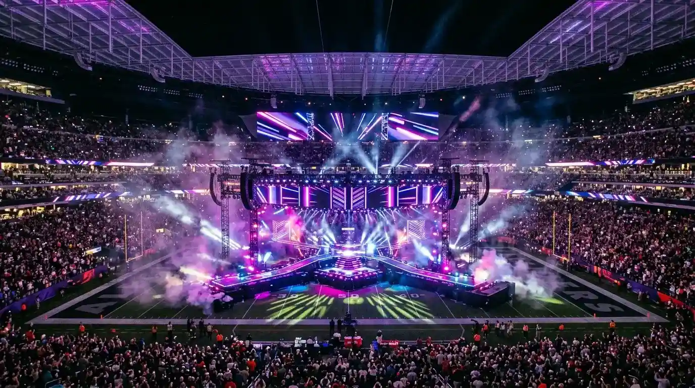 Escenario iluminado con luces de colores en el centro de un estadio de fútbol americano durante el medio tiempo