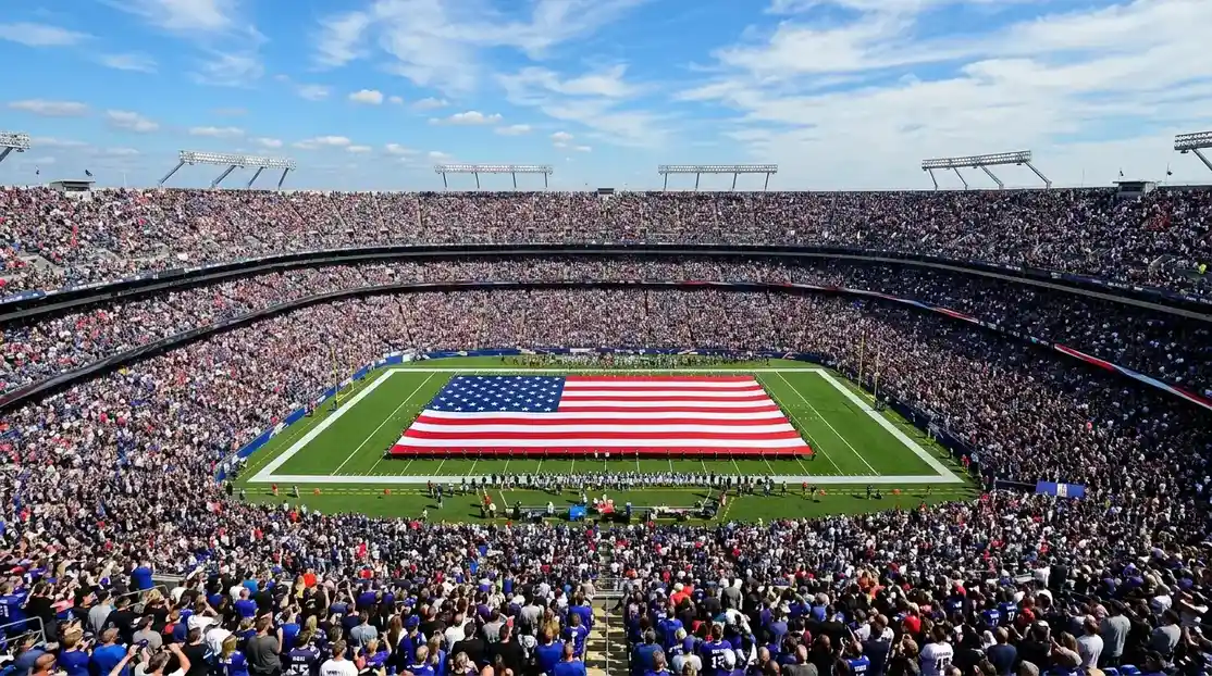 Vista aérea de un estadio de fútbol americano lleno de público con bandera de Estados Unidos desplegada en el campo