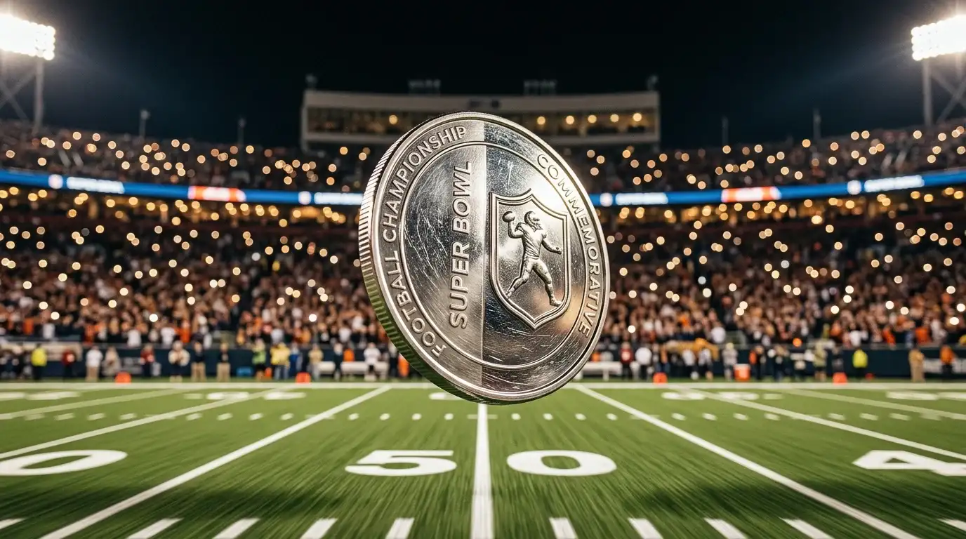Moneda conmemorativa del Super Bowl girando en el aire sobre el campo de fútbol americano antes del partido