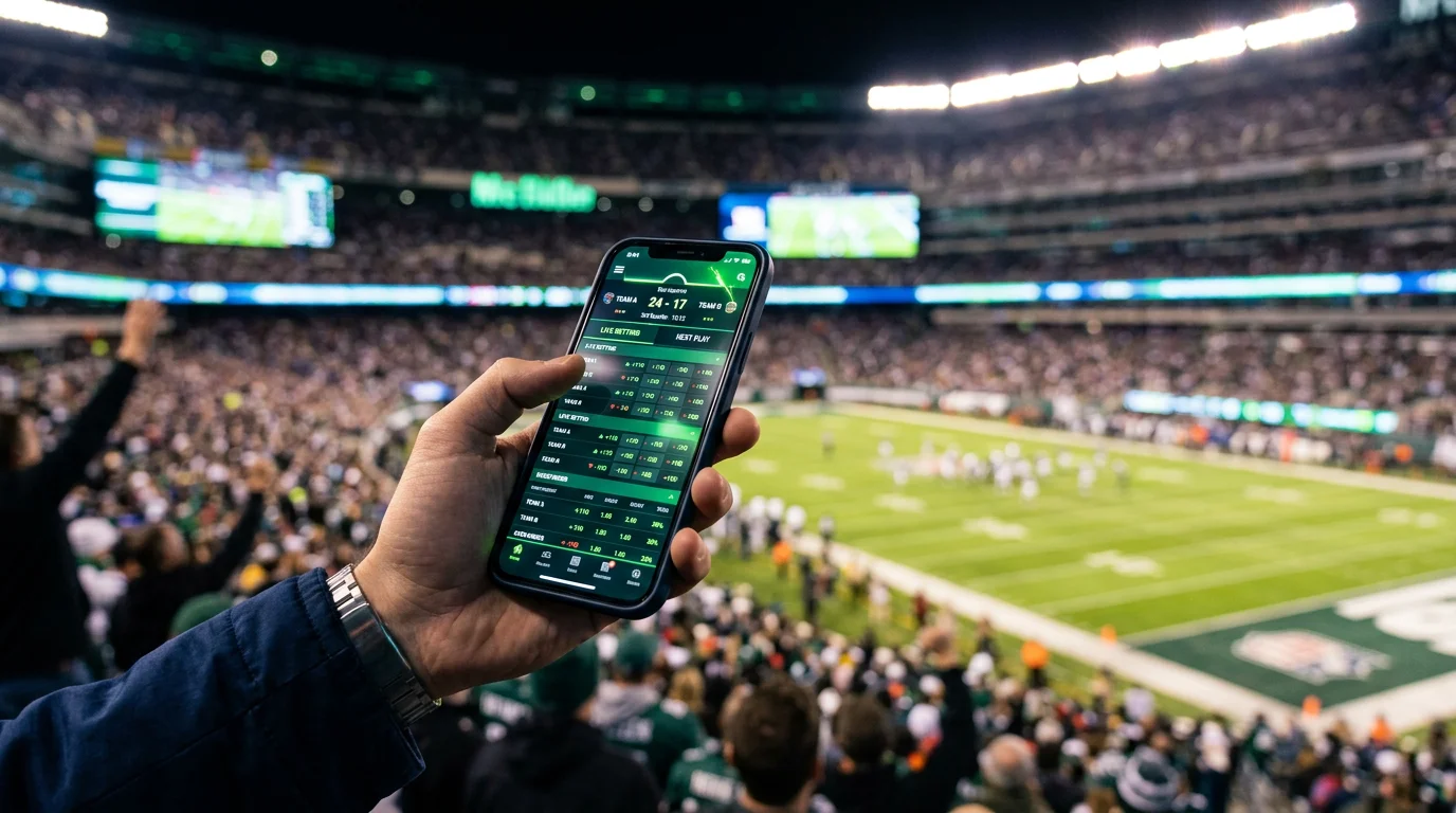 Pantalla de móvil mostrando cuotas de apuestas en vivo durante un partido de fútbol americano en un estadio