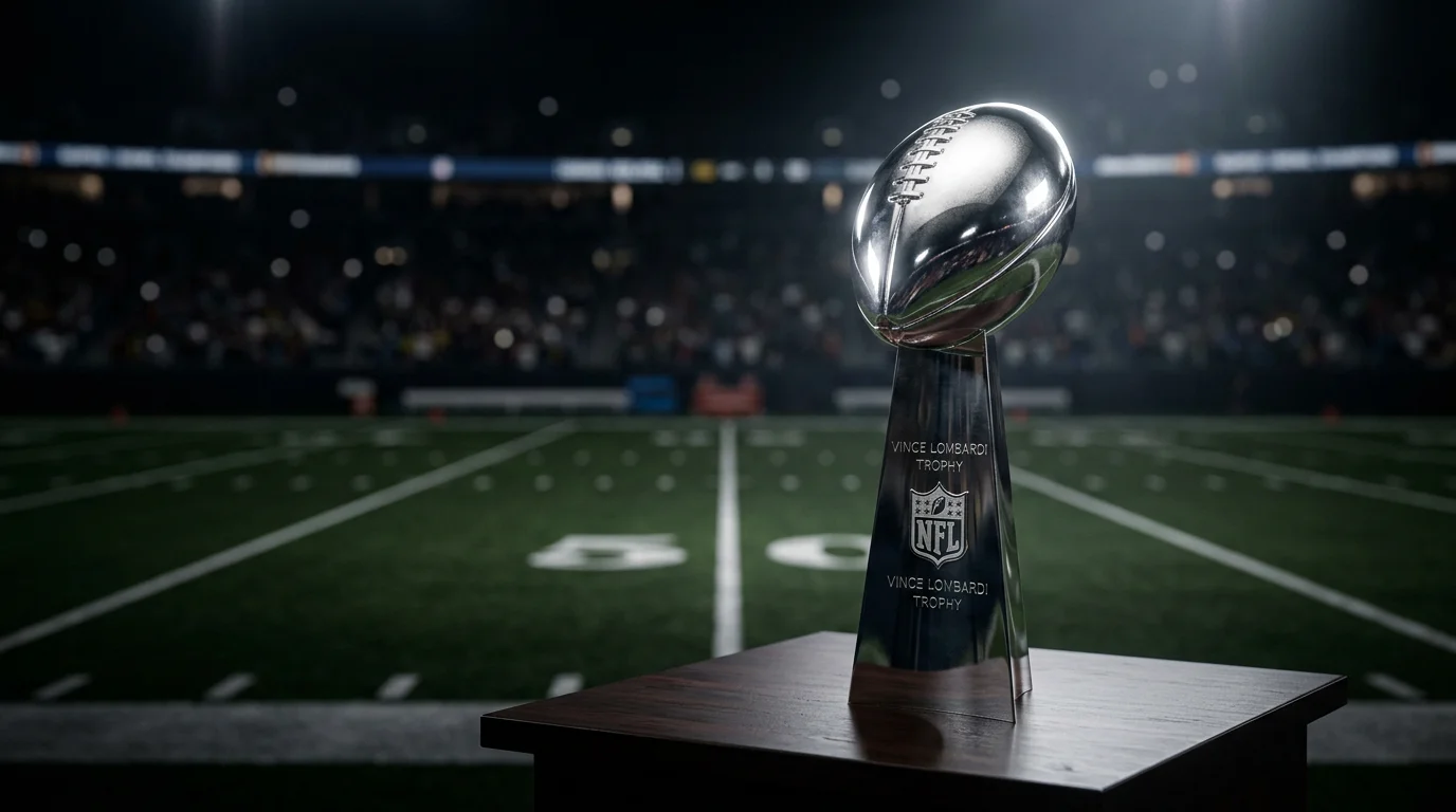 Trofeo Vince Lombardi del Super Bowl sobre una superficie iluminada con fondo de campo de fútbol americano