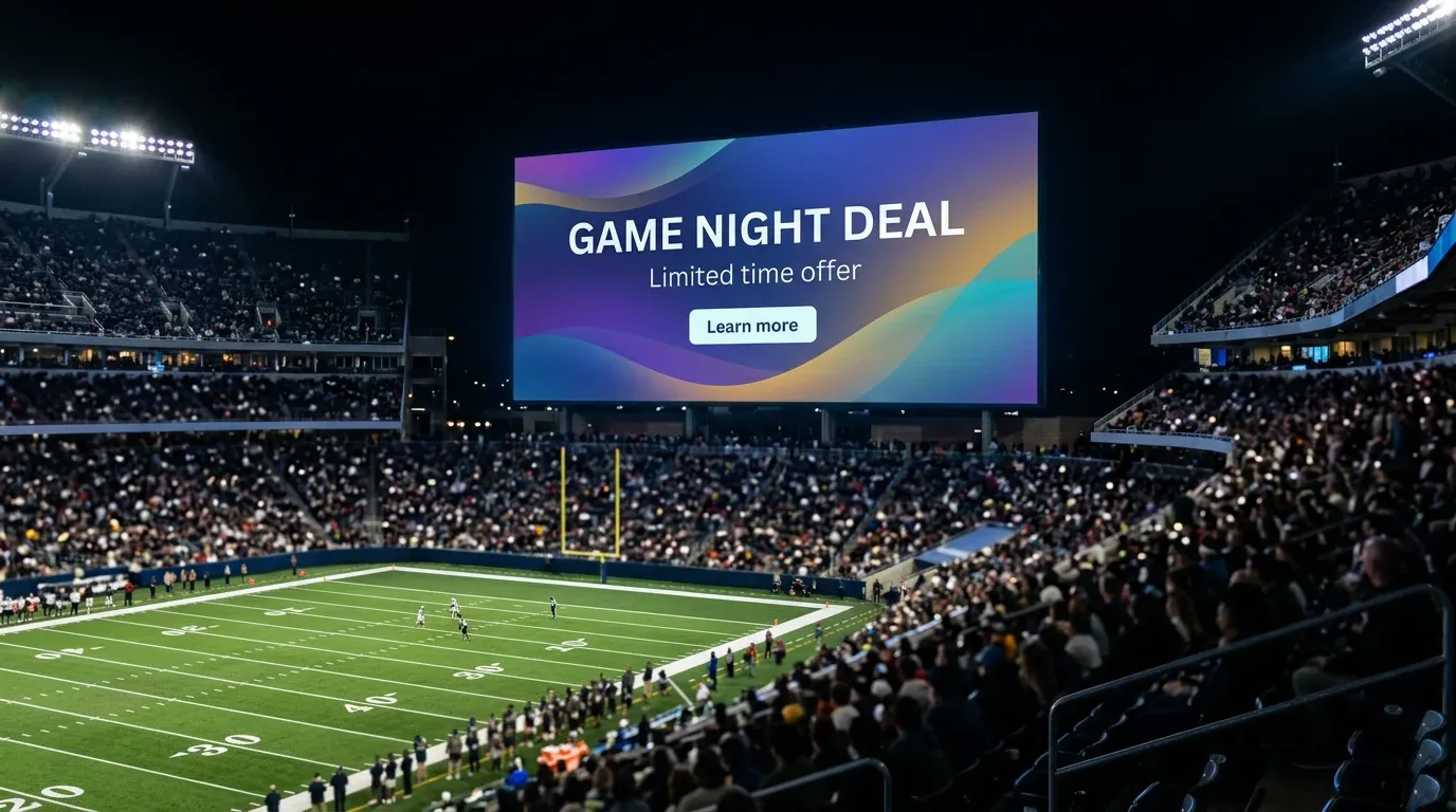 Pantalla gigante de estadio de fútbol americano mostrando un anuncio publicitario durante un partido nocturno