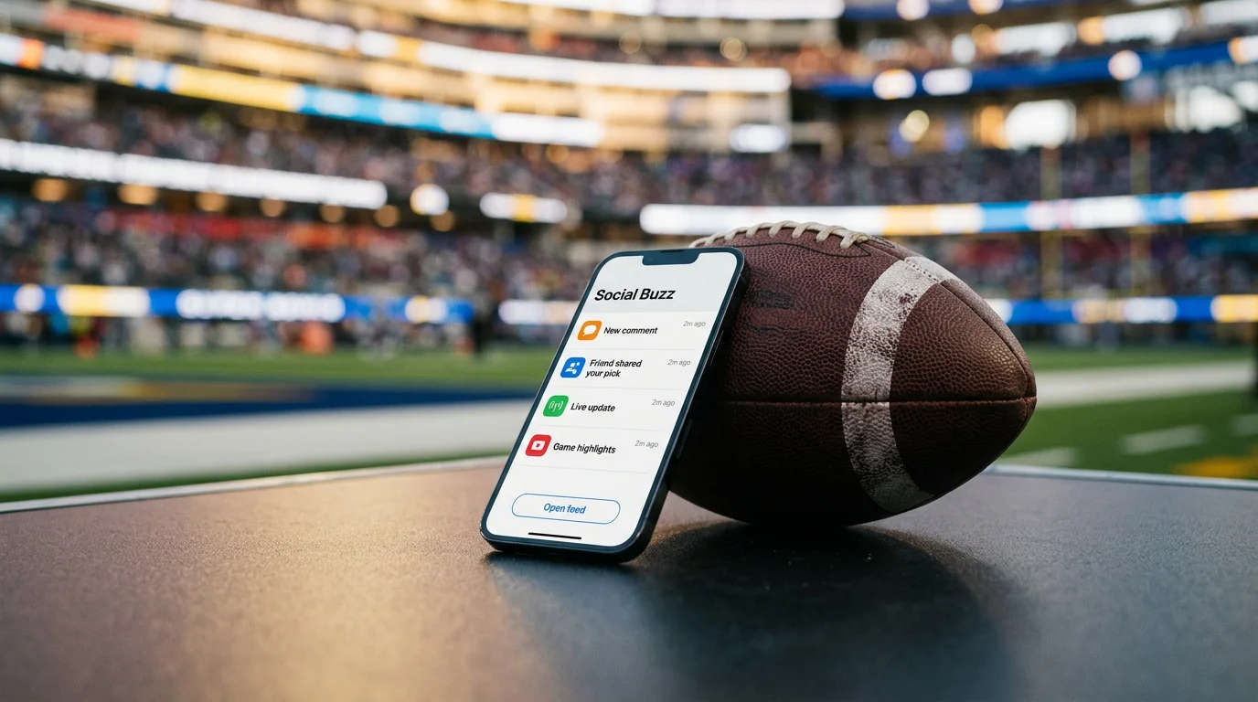Pantalla de teléfono móvil mostrando notificaciones junto a un balón de fútbol americano en un estadio