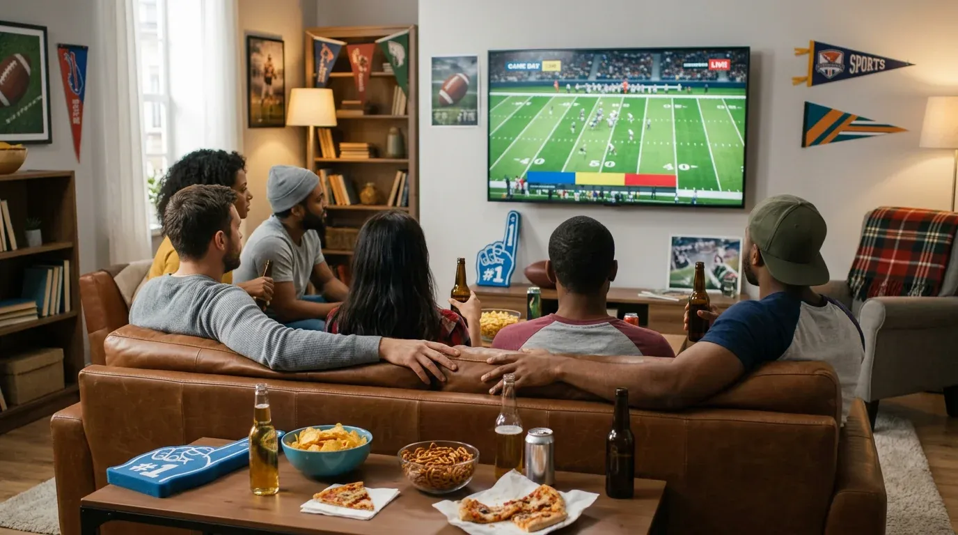 Grupo de personas viendo un partido de futbol americano en una pantalla grande en un salon decorado con tematica deportiva