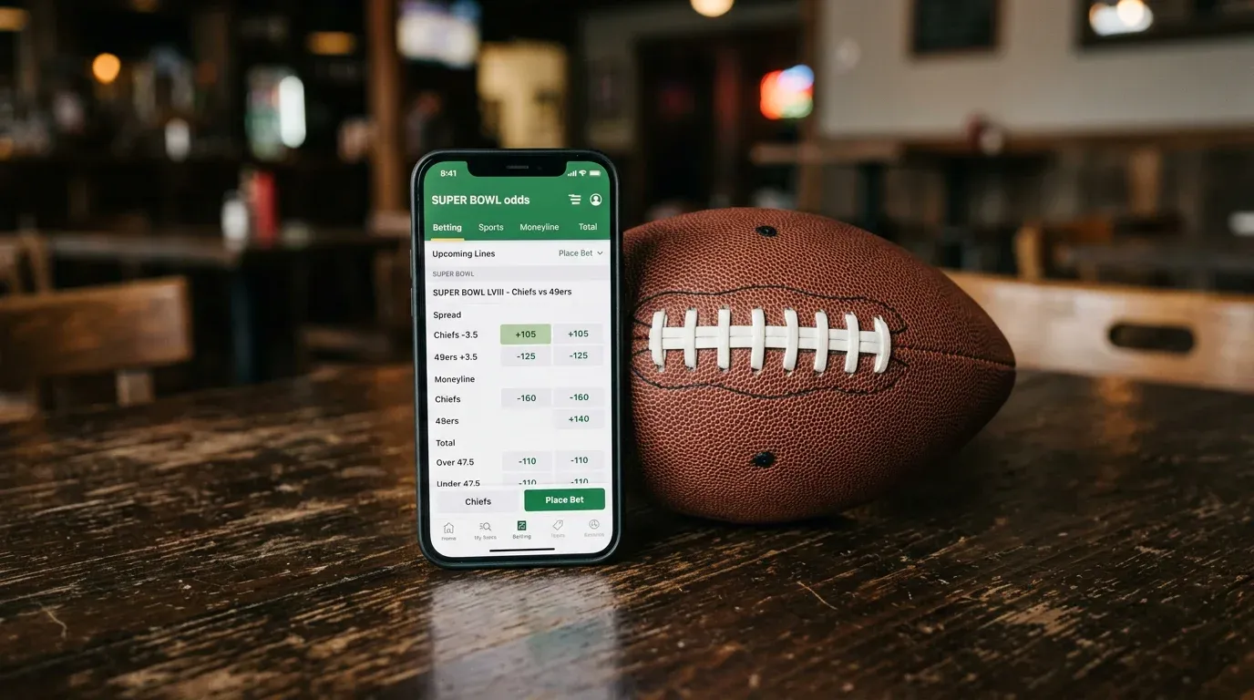 Telefono movil mostrando una aplicacion de apuestas deportivas junto a un balon de futbol americano sobre una mesa