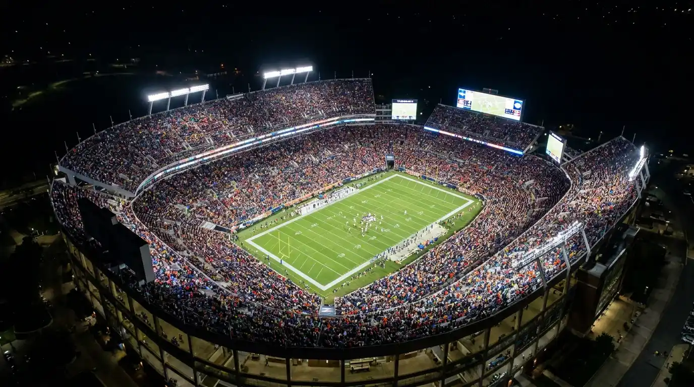 Vista aerea de un estadio de futbol americano lleno de espectadores con pantallas digitales mostrando marcadores