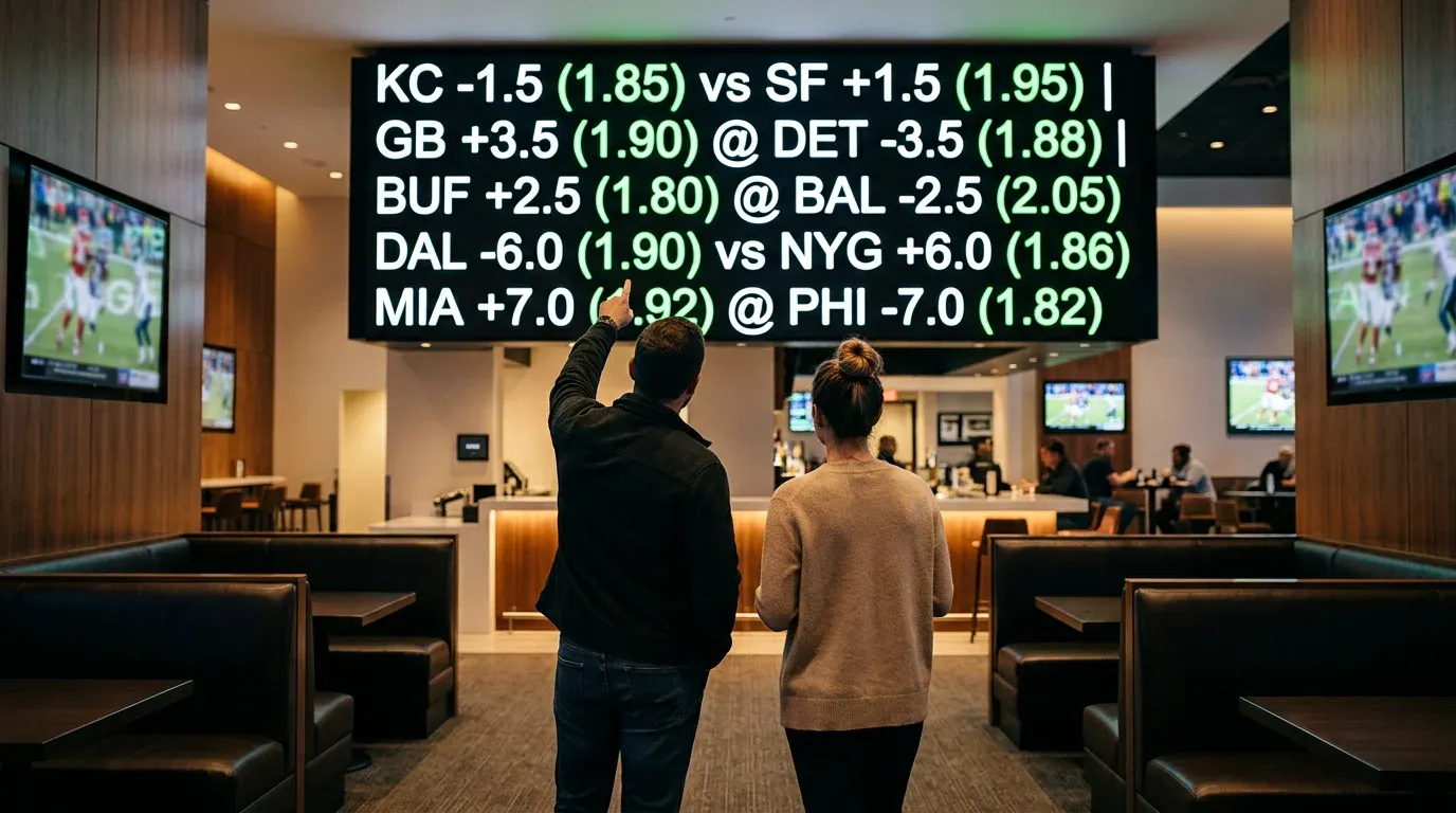Pantalla de cuotas y momios del Super Bowl en una casa de apuestas deportivas