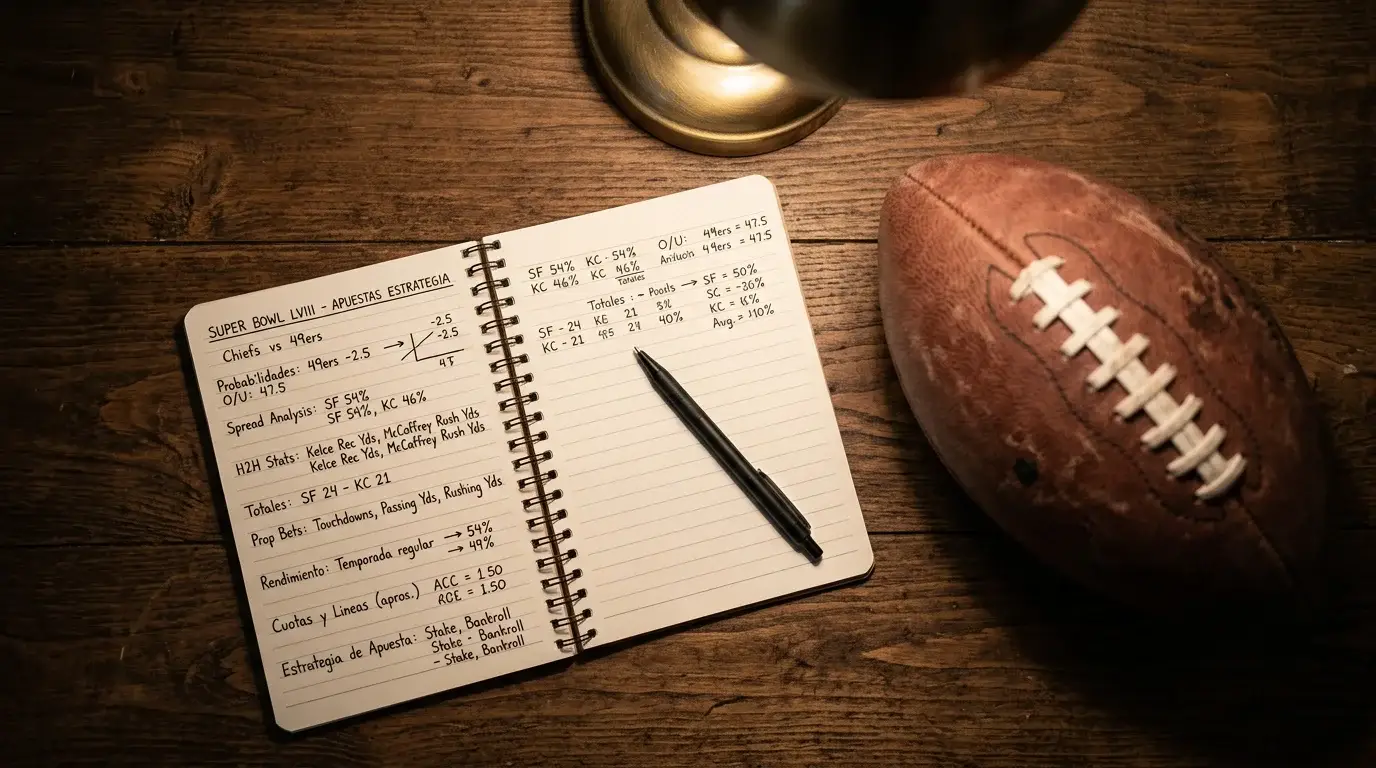 Libreta de notas con estadísticas y un bolígrafo junto a un balón de fútbol americano sobre una mesa