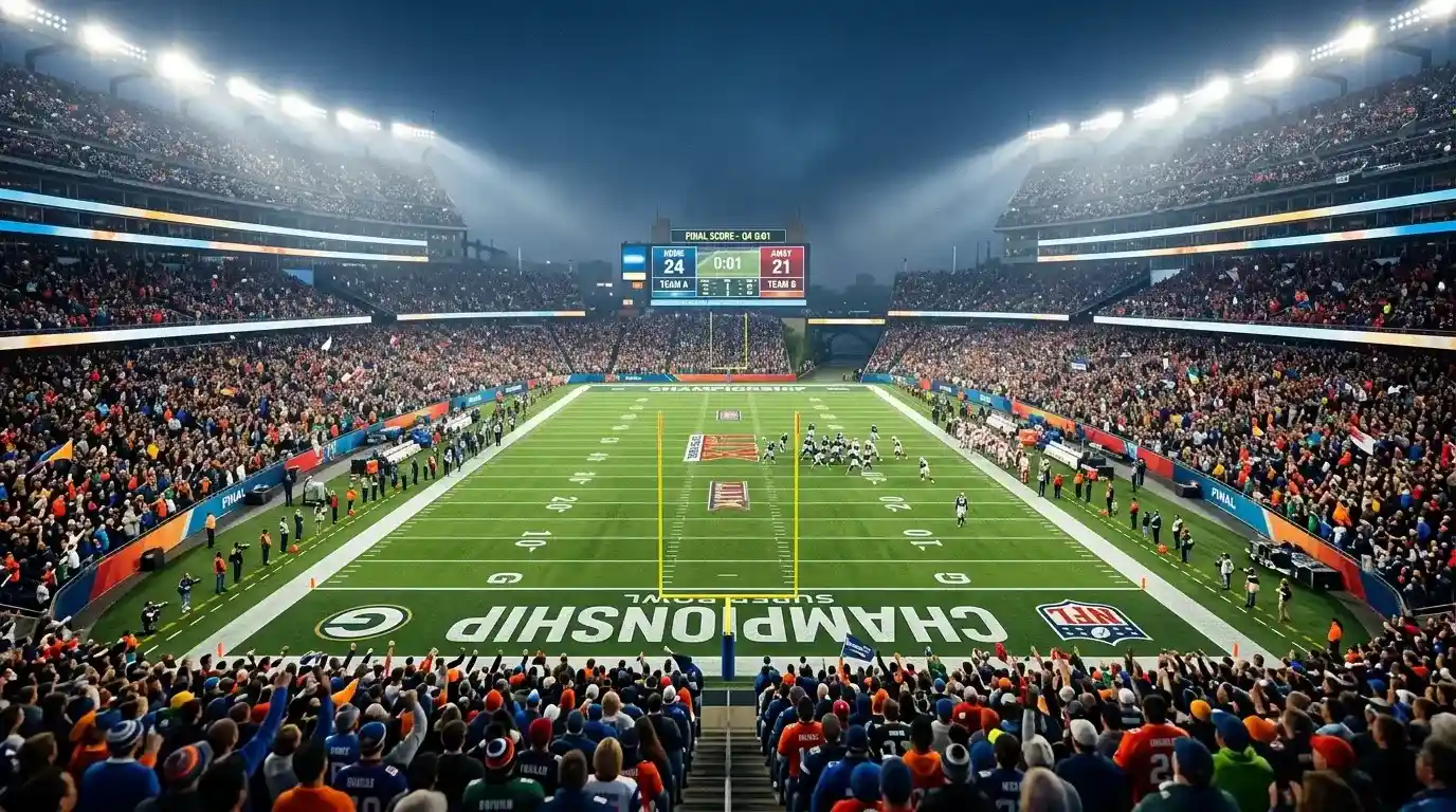 Campo de fútbol americano durante el Super Bowl con marcador y público