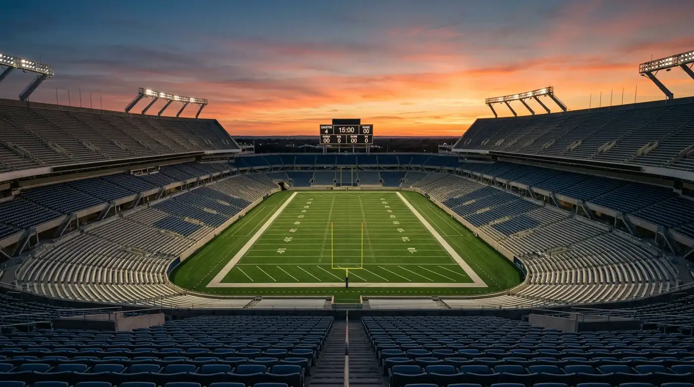 Estadio de futbol americano vacio con marcador electronico iluminado y lineas del campo visibles al atardecer
