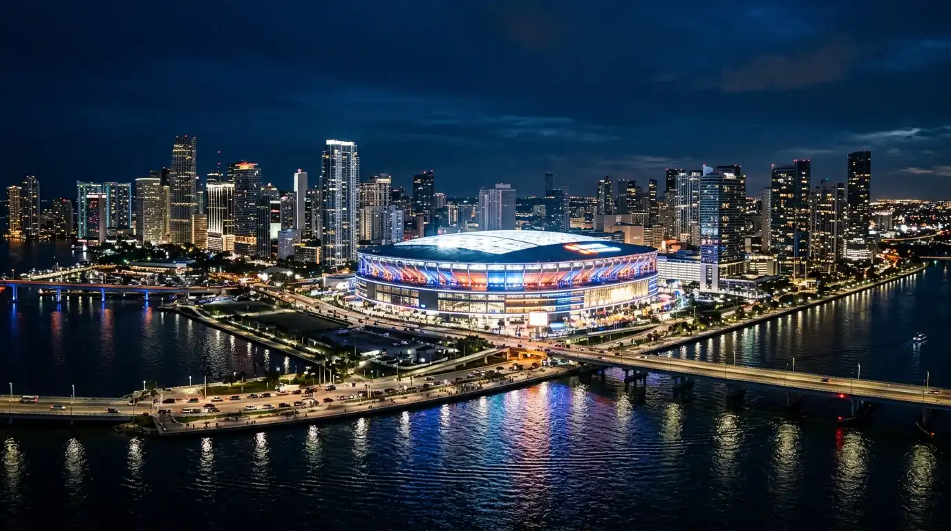 Panoramica de una ciudad americana con un estadio de futbol americano iluminado durante un evento nocturno