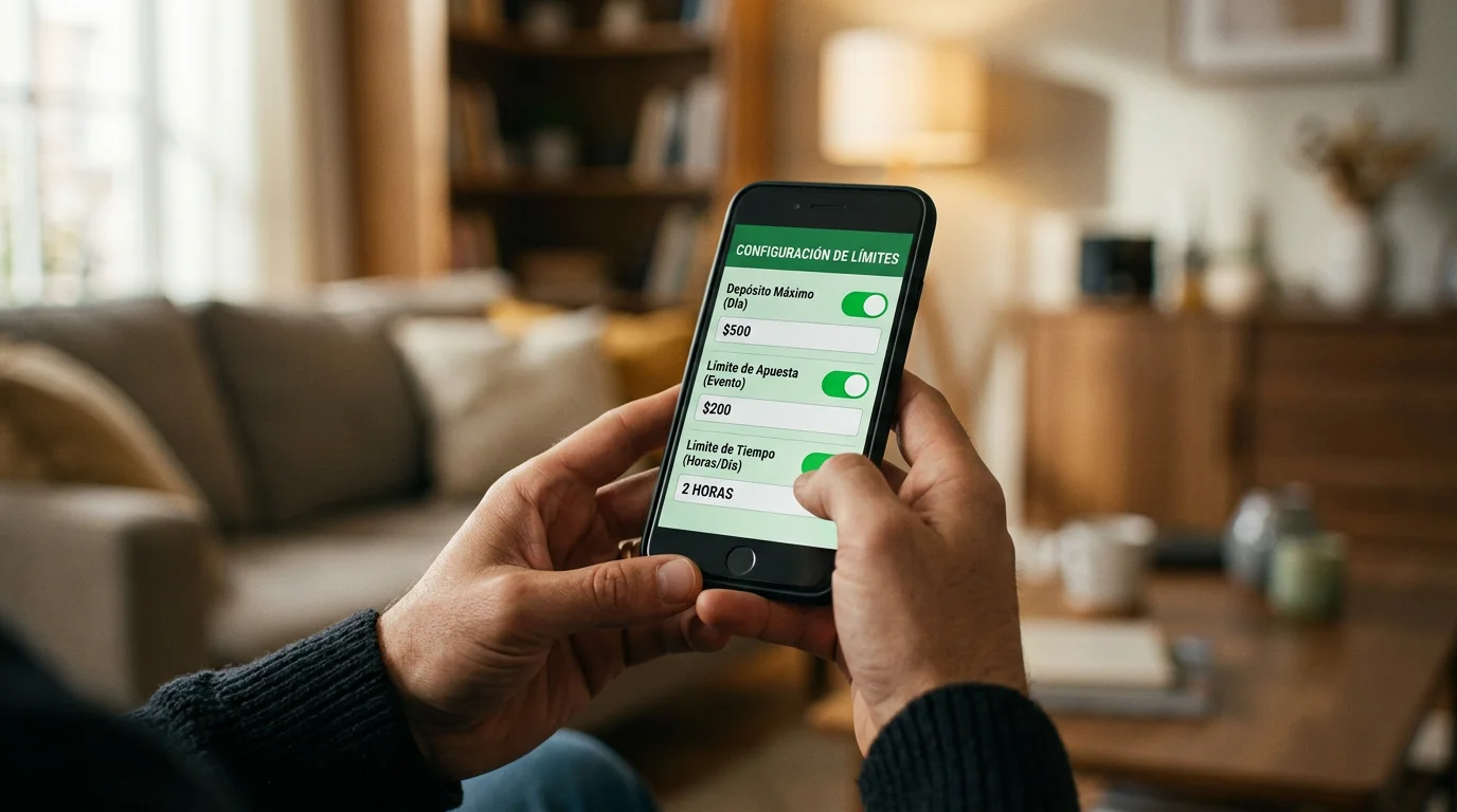 Manos de una persona configurando limites de deposito en una aplicacion de apuestas deportivas en un telefono movil