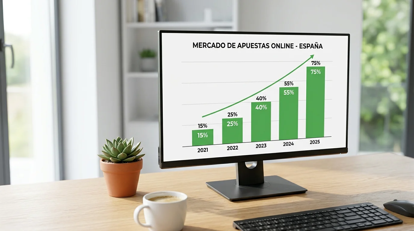 Grafico de barras ascendente en una pantalla de ordenador representando el crecimiento del mercado de apuestas en España