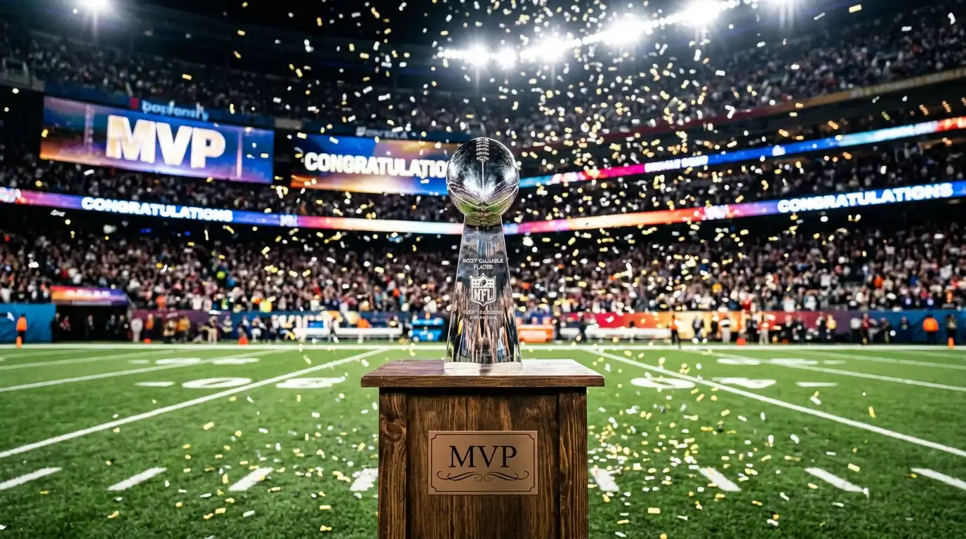 Trofeo MVP del Super Bowl sobre un podio en el campo de fútbol americano con confeti cayendo