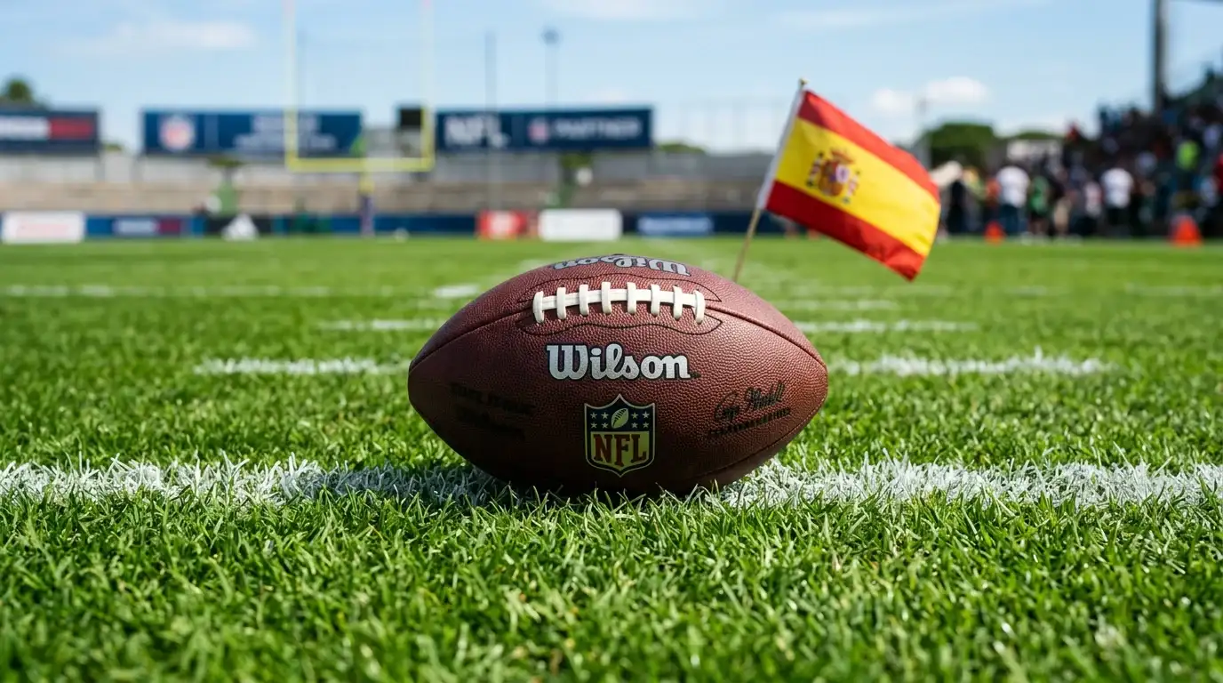 Balon de futbol americano sobre cesped verde con una bandera de España desenfocada al fondo