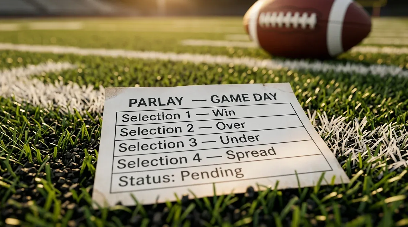 Boleto de apuestas deportivas con varias selecciones combinadas sobre un campo de fútbol americano