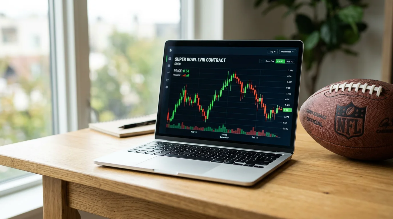 Pantalla de ordenador mostrando graficos de contratos de prediction markets con un balon de futbol americano sobre el escritorio