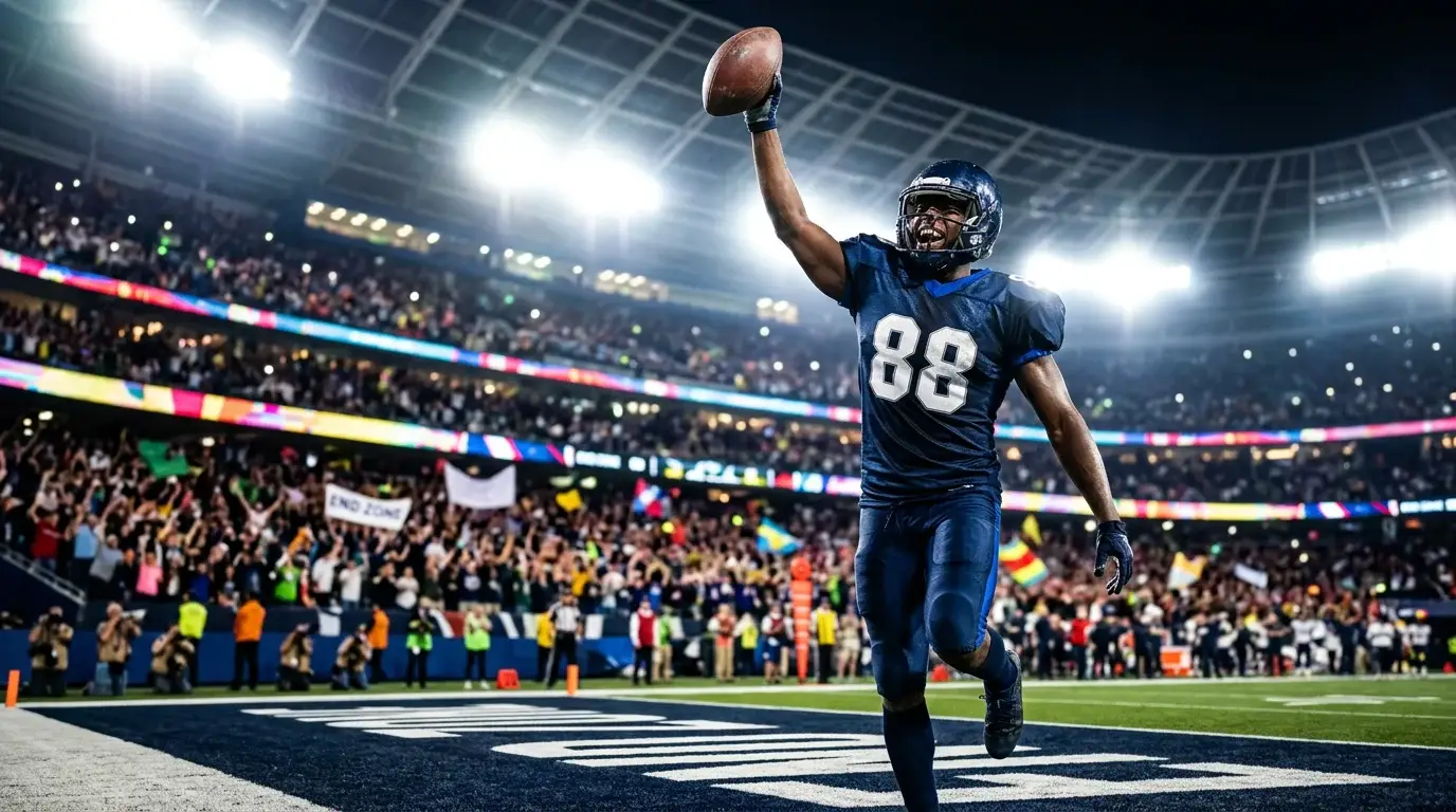 Jugador de fútbol americano celebrando un touchdown en la zona de anotación de un estadio iluminado