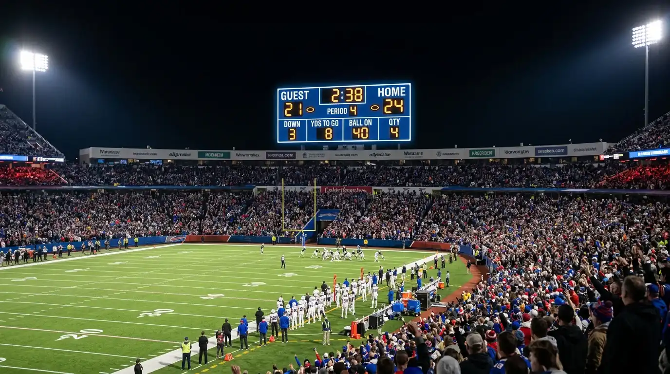 Marcador electrónico de un estadio de fútbol americano mostrando un resultado ajustado entre dos equipos