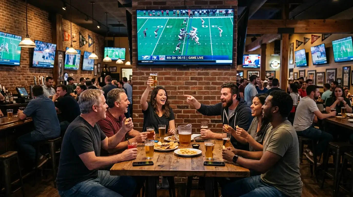 Aficionados viendo el Super Bowl en un bar deportivo con pantallas mostrando el partido
